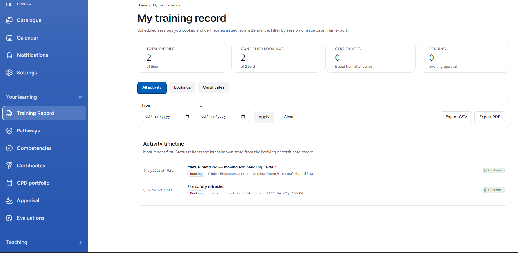 My training record showing confirmed bookings, certificates and exportable activity timeline