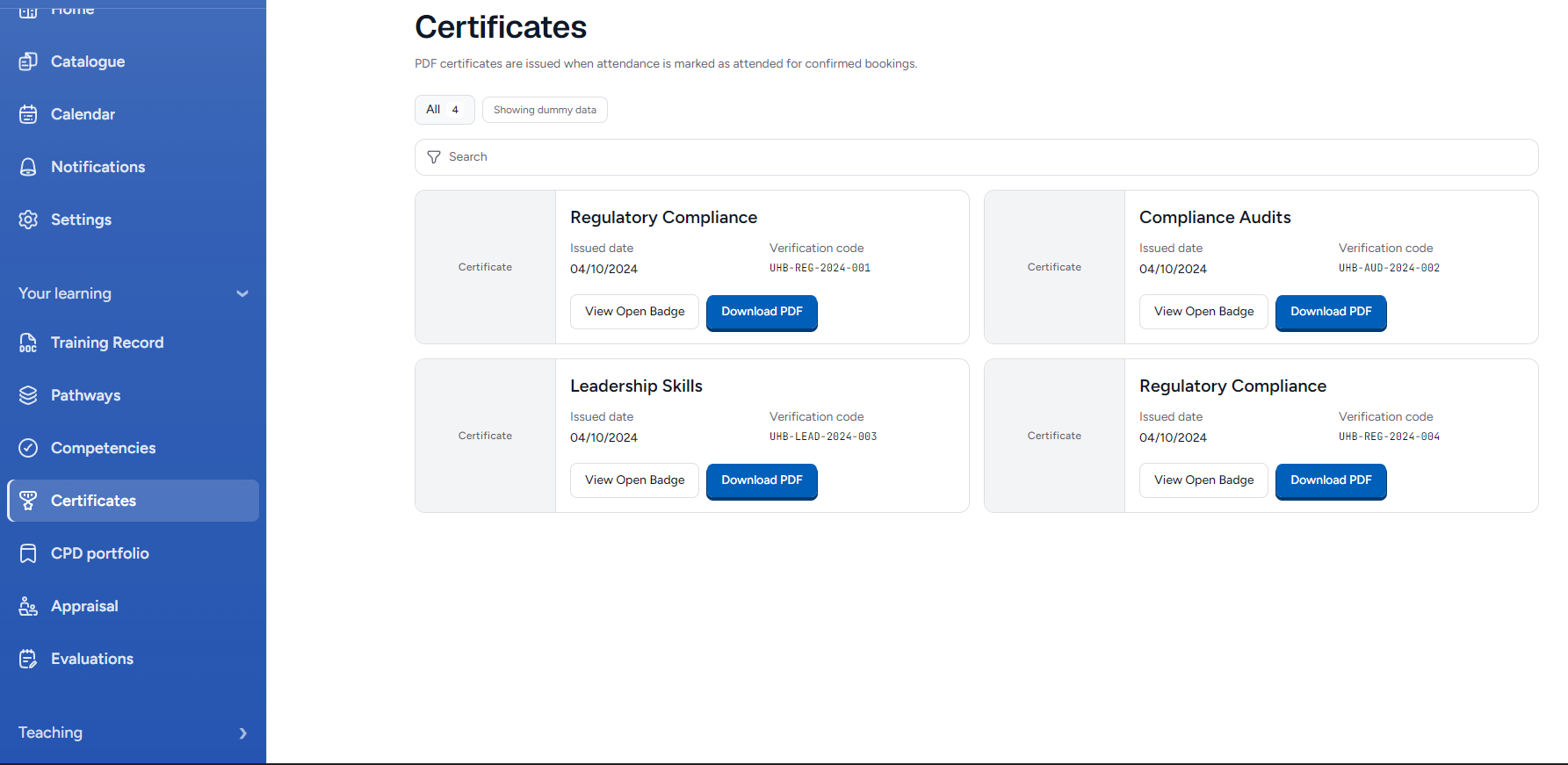 Certificates library with issued PDFs, open badges and verification codes